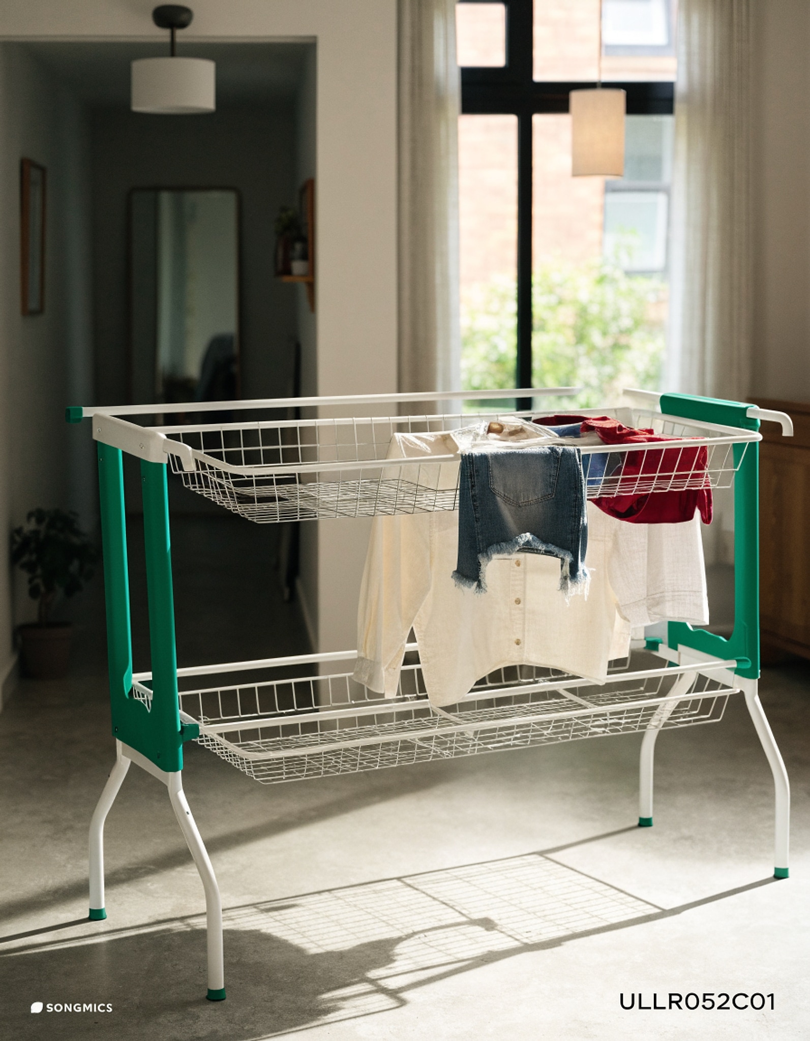 Illustrative visual for SONGMICS Clothes Drying Rack, Laundry Rack, Free-Standing Indoor Airer, 21.7 x 58.3 x 39.4 Inches, White and Green ULLR052C01