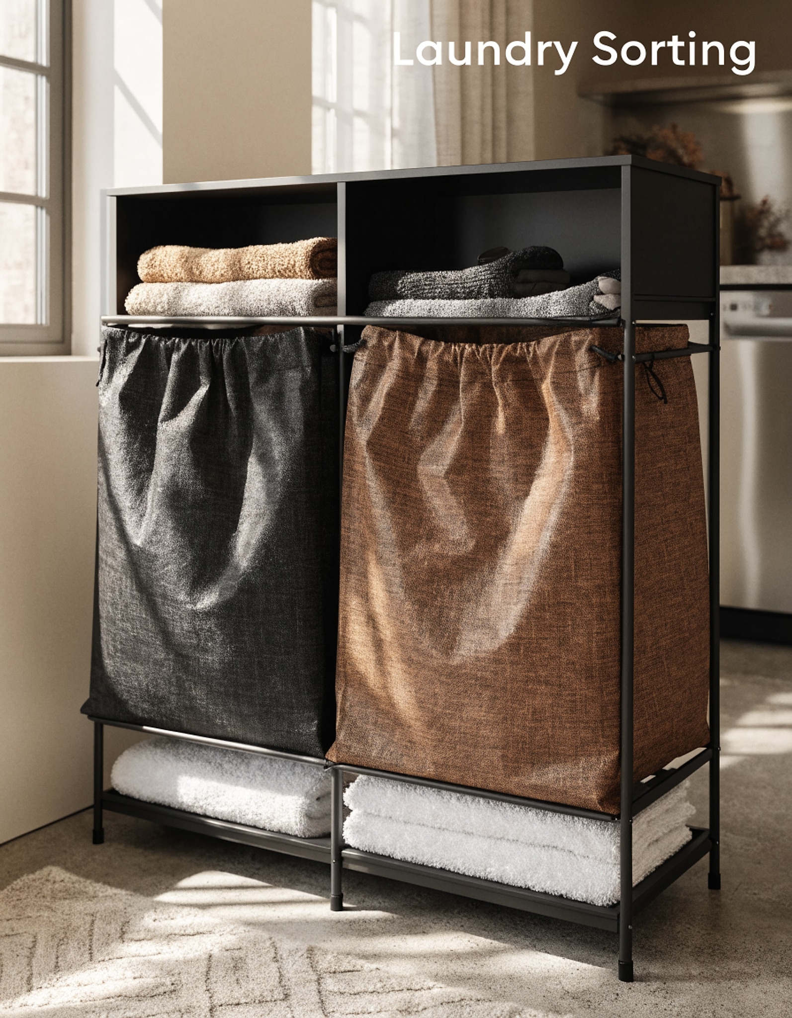 Illustrative visual for VASAGLE Laundry Hamper, Laundry Basket, Laundry Sorter with 2 Pull-Out and Removable Bags, Shelf, Metal Frame, 2 x 12.1 Gallons (46 L), 28.8 x 13 x 28.4 Inches, Ink Black and Rustic Brown UBLH201B01