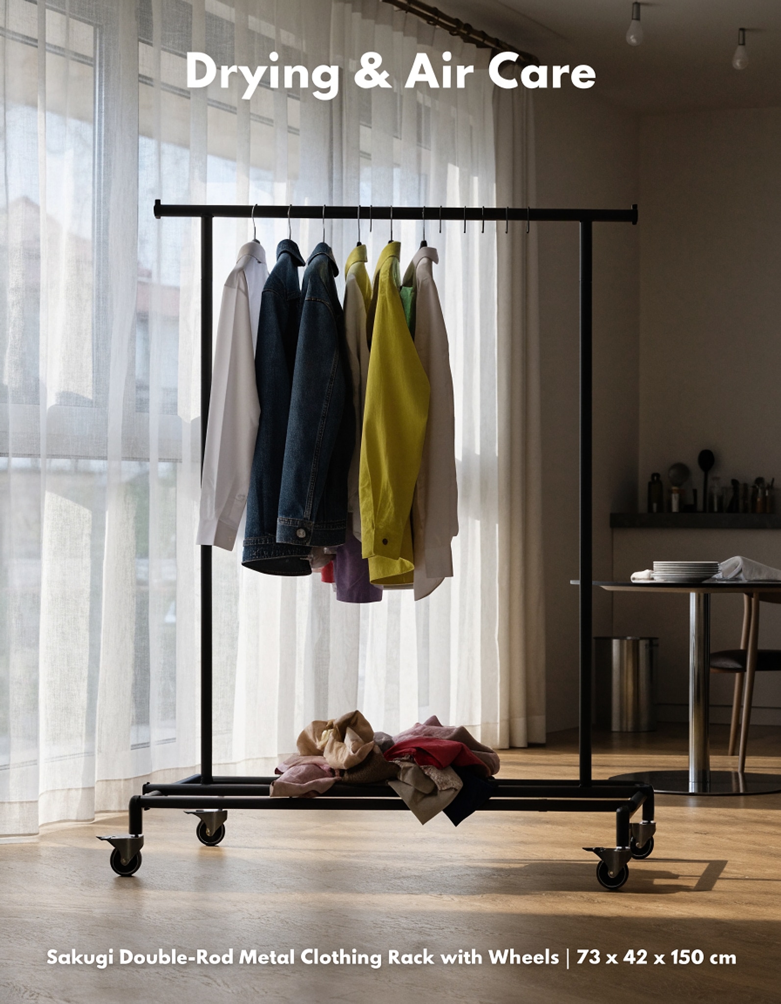 Illustrative visual for Sakugi Double-Rod Metal Clothing Rack with Wheels, 73 x 42 x 150 cm, Black