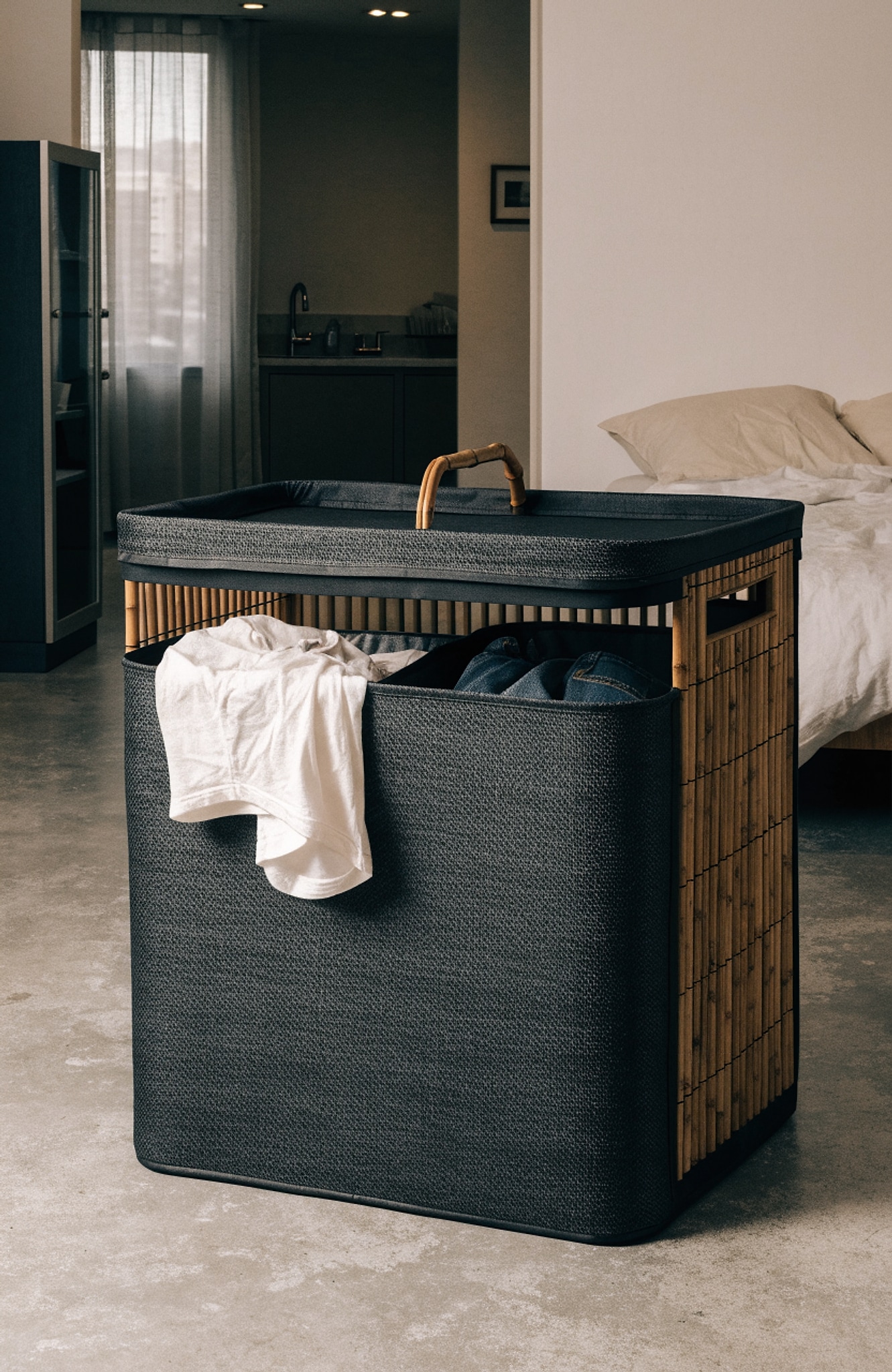 Illustrative visual for Lifewit 160L Double Laundry Hamper with Lid, Extra Large Bamboo Laundry Basket Dirty Clothes Hamper, 2 Section Laundry Bin Organizer for Laundry Room Bedroom with 2 Removable Liners & Bags, Dark Black