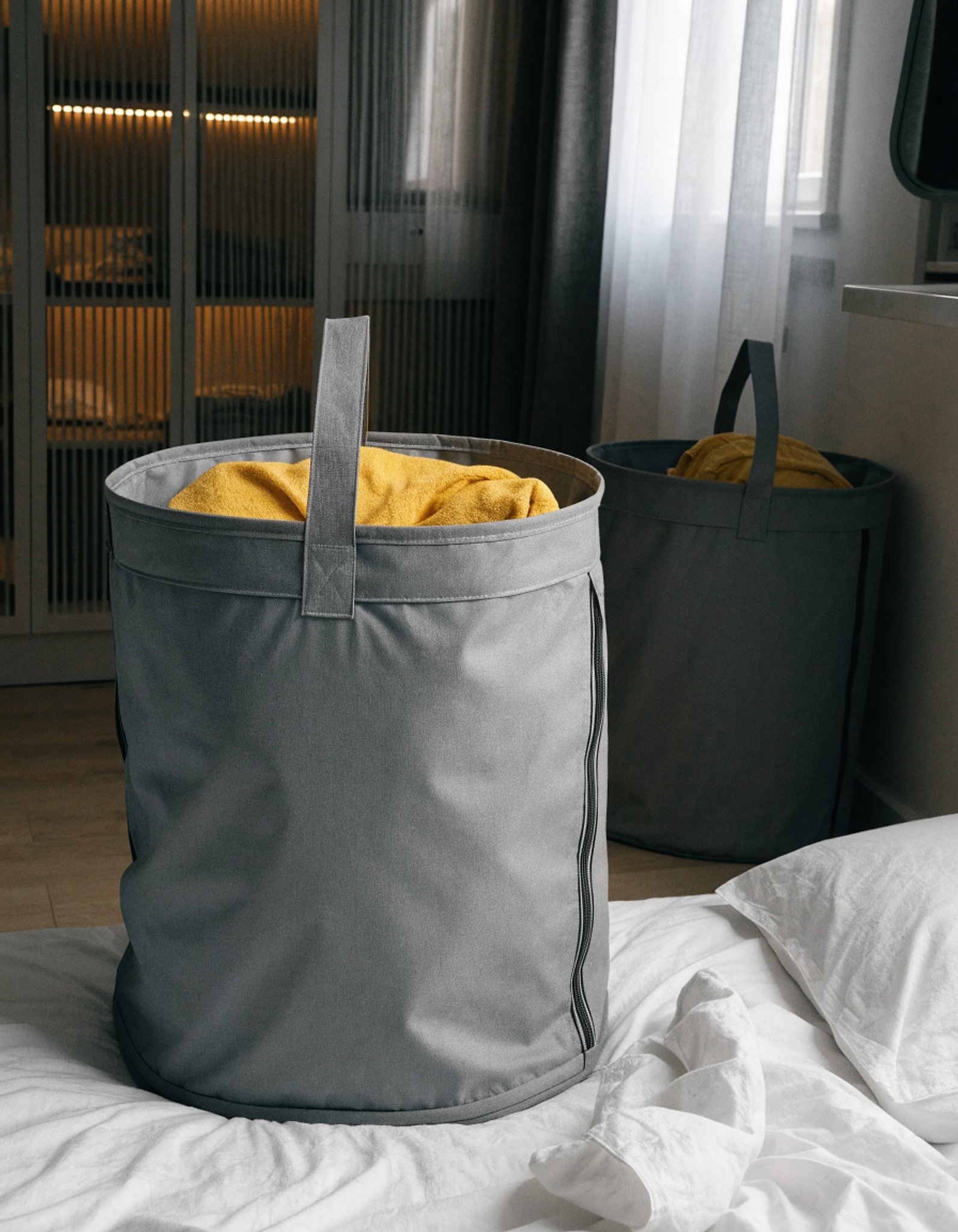 Illustrative visual for Lifewit 2-Pack 80L Freestanding Laundry Hamper, Large Collapsible Laundry Baskets with Easy Carry Extended Handles, Waterproof Clothes Hamper in Bedroom, Bathroom, Laundry Room, College Dorm, Grey