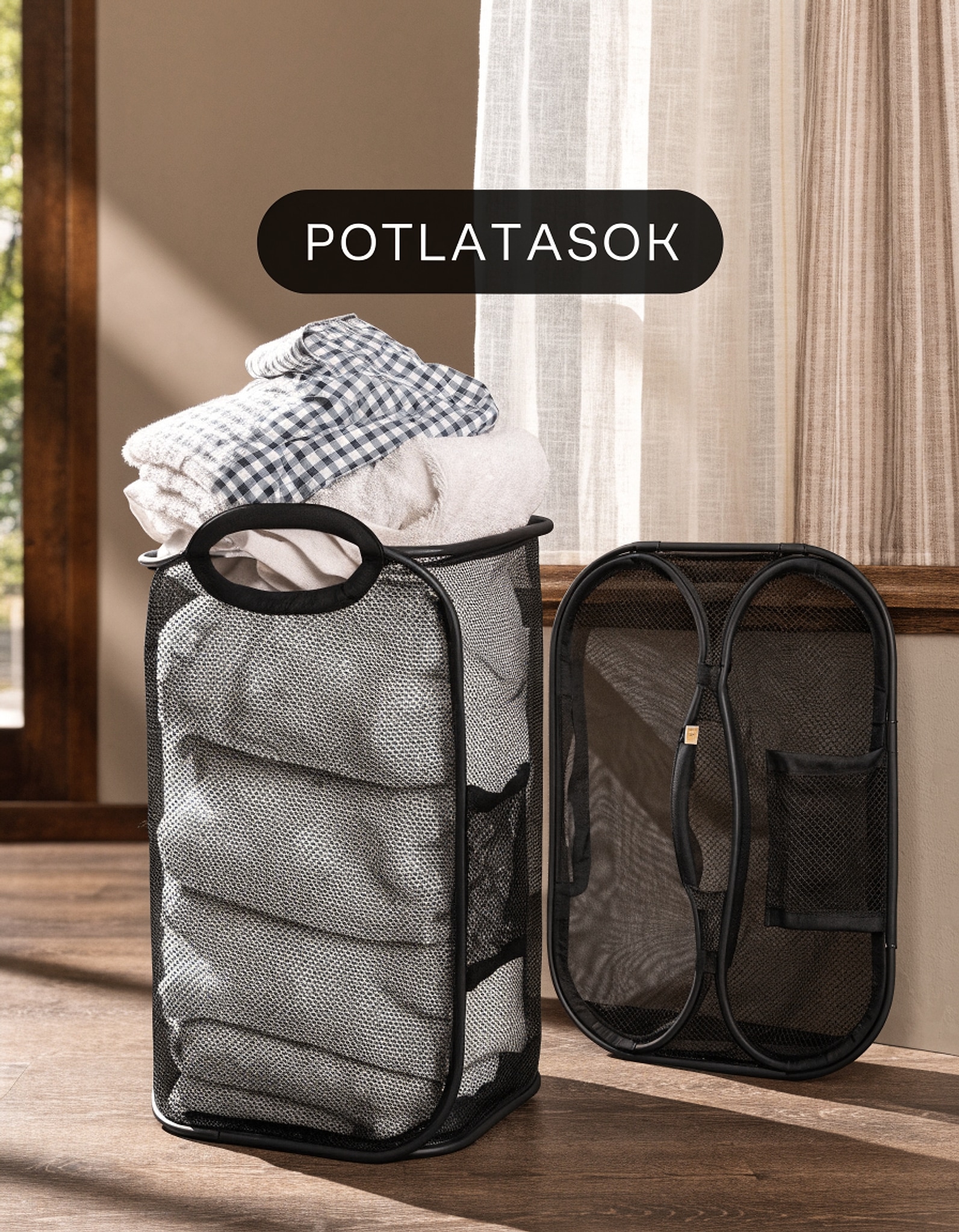 Illustrative visual for Collapsible Mesh Pop Up Laundry Basket with Handles and Pockets, Black 2PCS