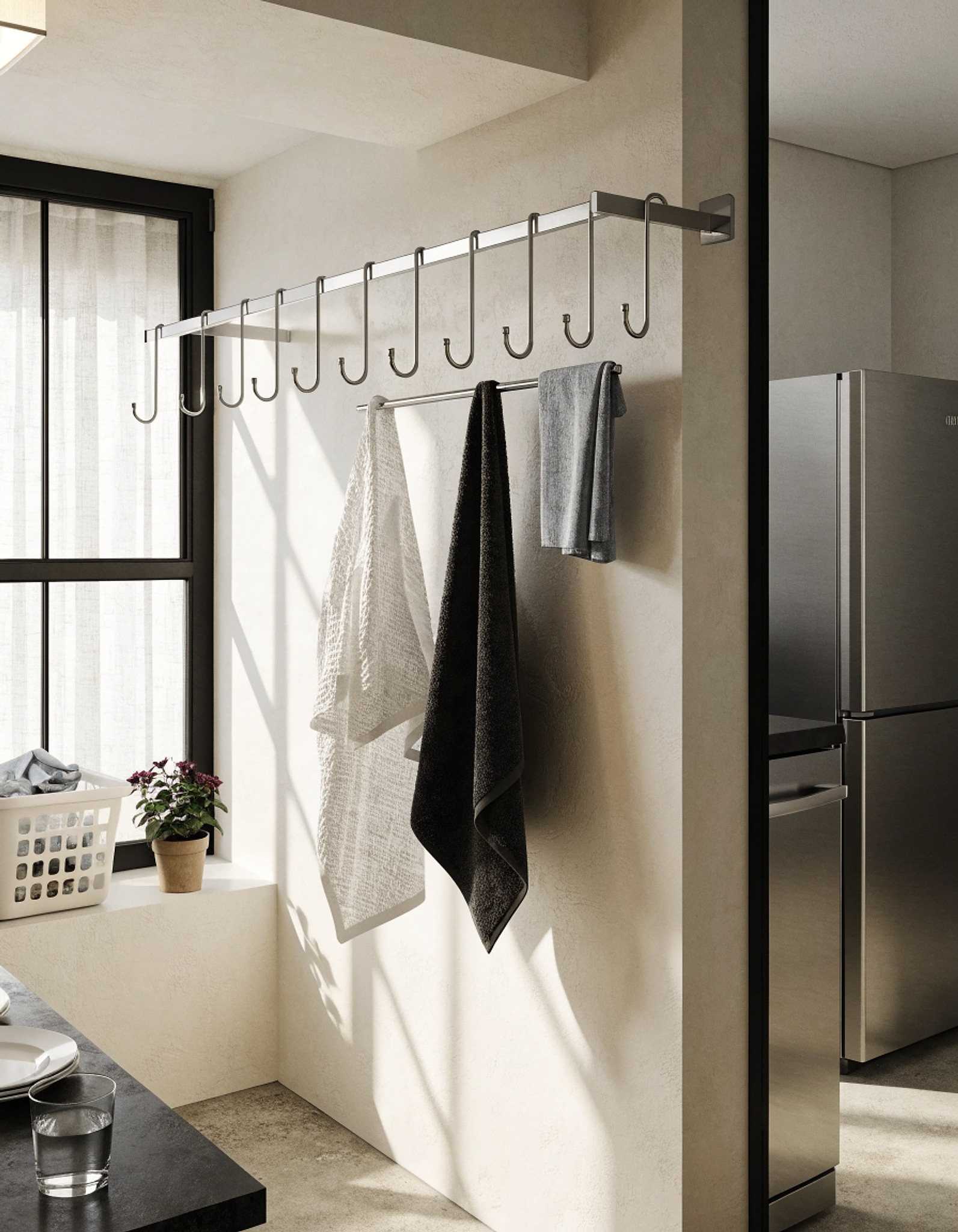 Illustrative visual for Clothes Drying Rack,Laundry Drying Rack,Wall Mounted Clothes Rack,Clothes Hanger Rack,Laundry Rack Wall Mount,Folding,Retractable,Collapsible,Laundry Room Organization(J Shape Hooks)