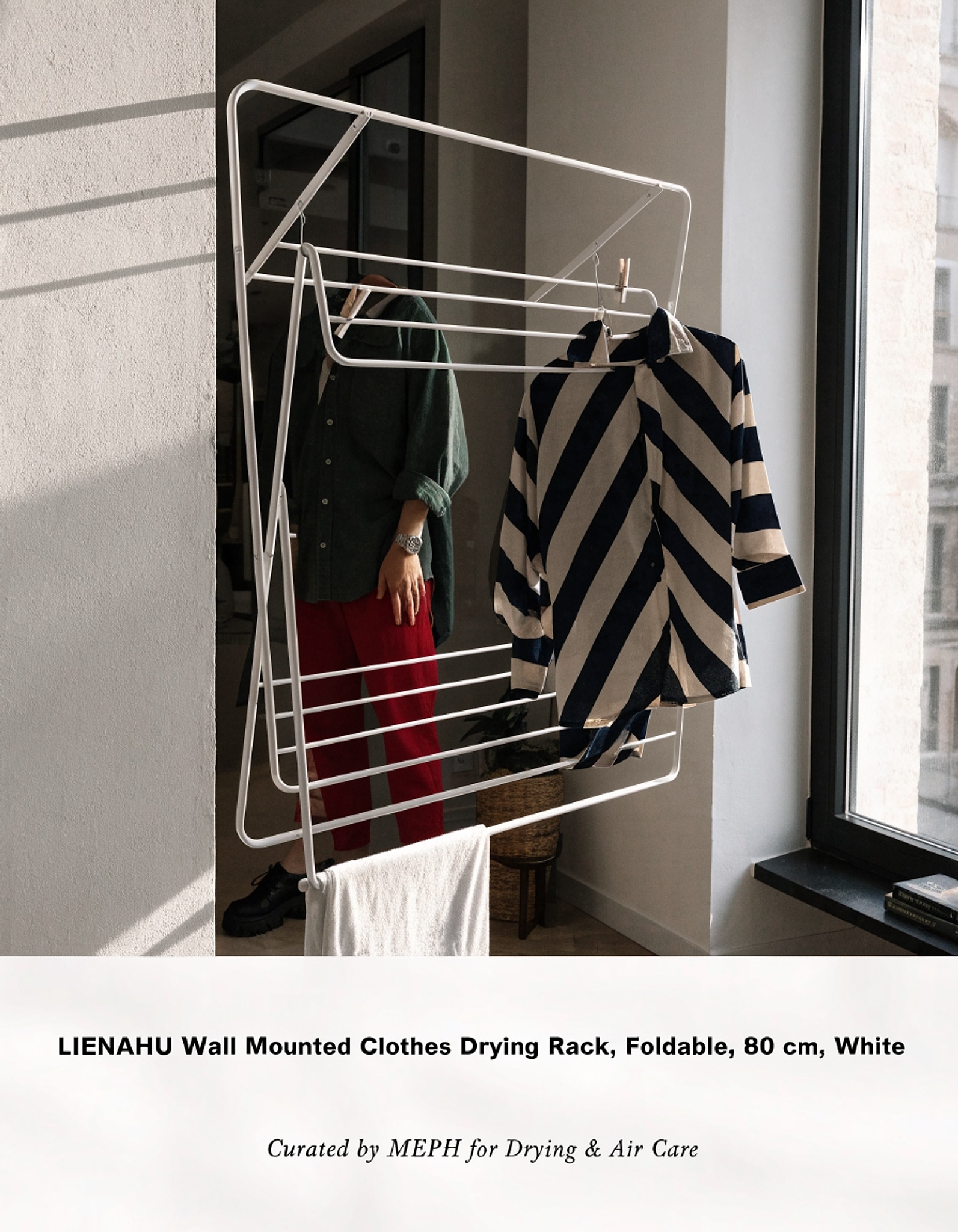 Illustrative visual for LIENAHU Wall Mounted Clothes Drying Rack, Foldable, 80 cm, White
