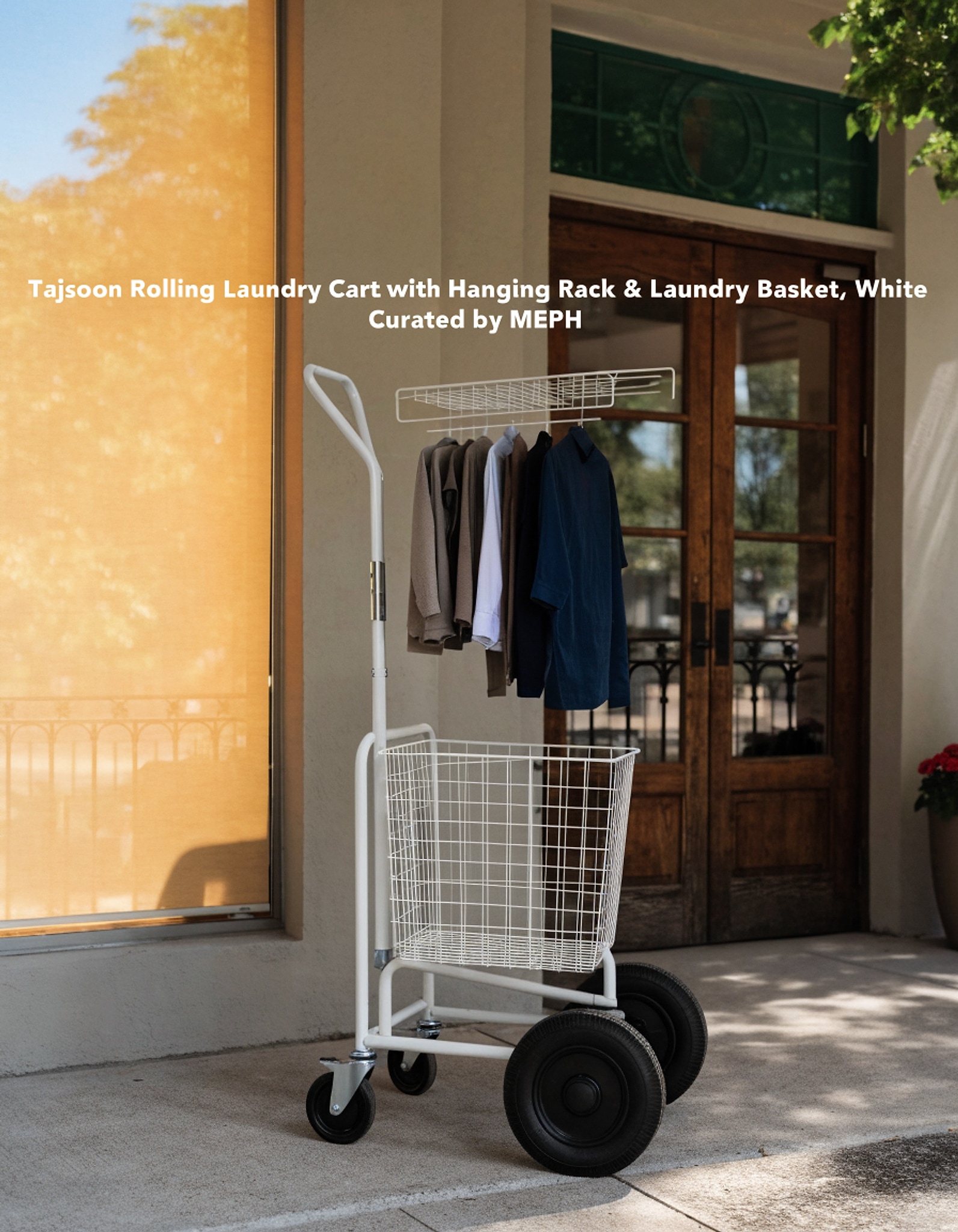 Illustrative visual for Tajsoon Rolling Laundry Cart with Hanging Rack & Laundry Basket, White