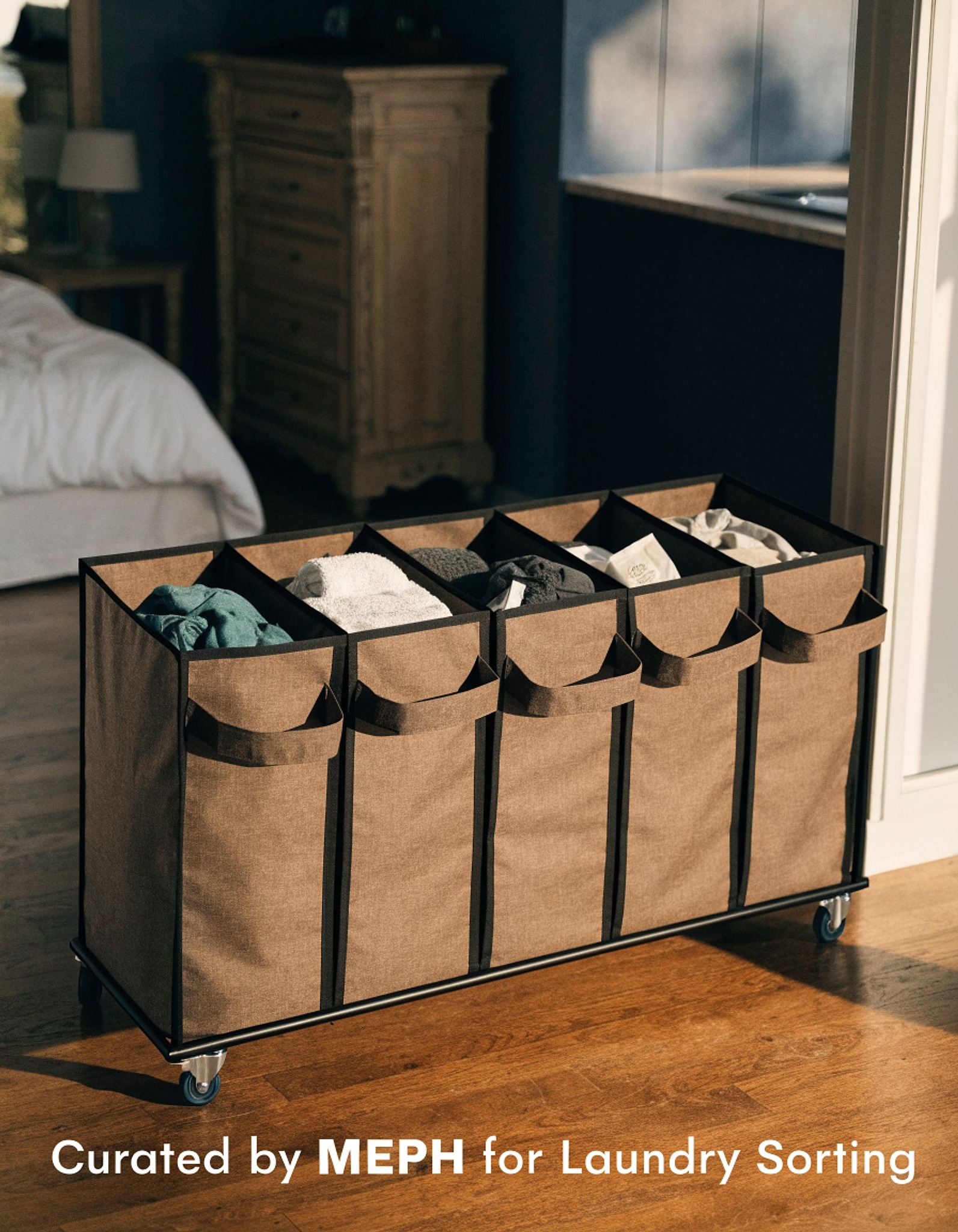 Illustrative visual for HOOBRO Laundry Sorter 5 Sections, Laundry Hamper, Laundry Basket with Wheels, 5 × 10.5 Gallon (39.8L), Rolling Cart, Pull-Out and Removable Oxford Fabric Laundrys Bags, Rustic Brown and Black BF07XY01
