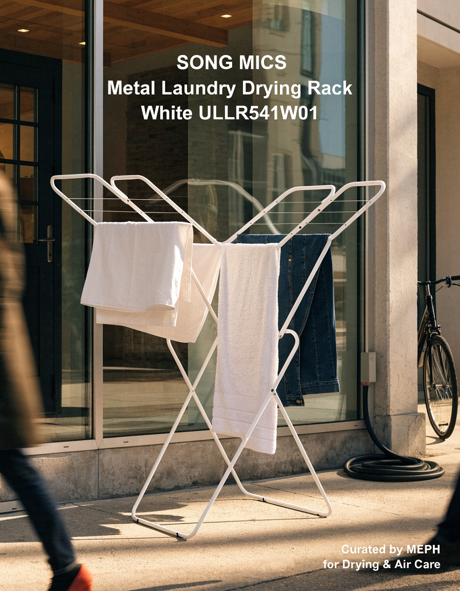 Illustrative visual for SONGMICS Clothes Drying Rack, Metal Laundry Drying Rack, Foldable, Space-Saving, Free-Standing Airer, with 4 Gullwings, Indoor Outdoor Use, Bed Linen Clothing, White ULLR541W01