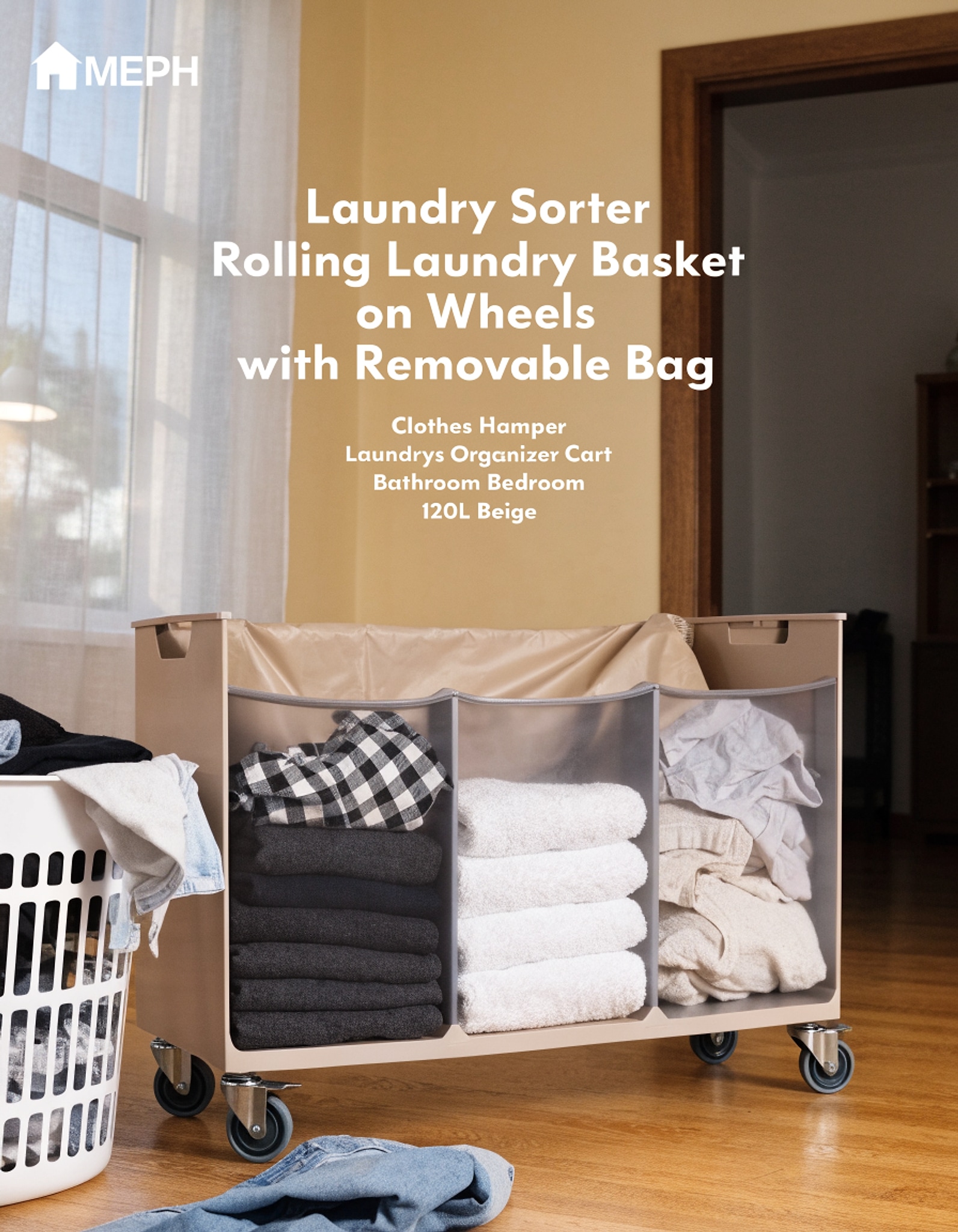 Illustrative visual for STORAGE MANIAC Rolling Laundry Hamper with Wheels 3-Section Laundry Sorter Rolling Laundrys Basket on Wheels with Removable Bag Clothes Hamper Laundrys Organizer Cart Bathroom Bedroom 120L Beige
