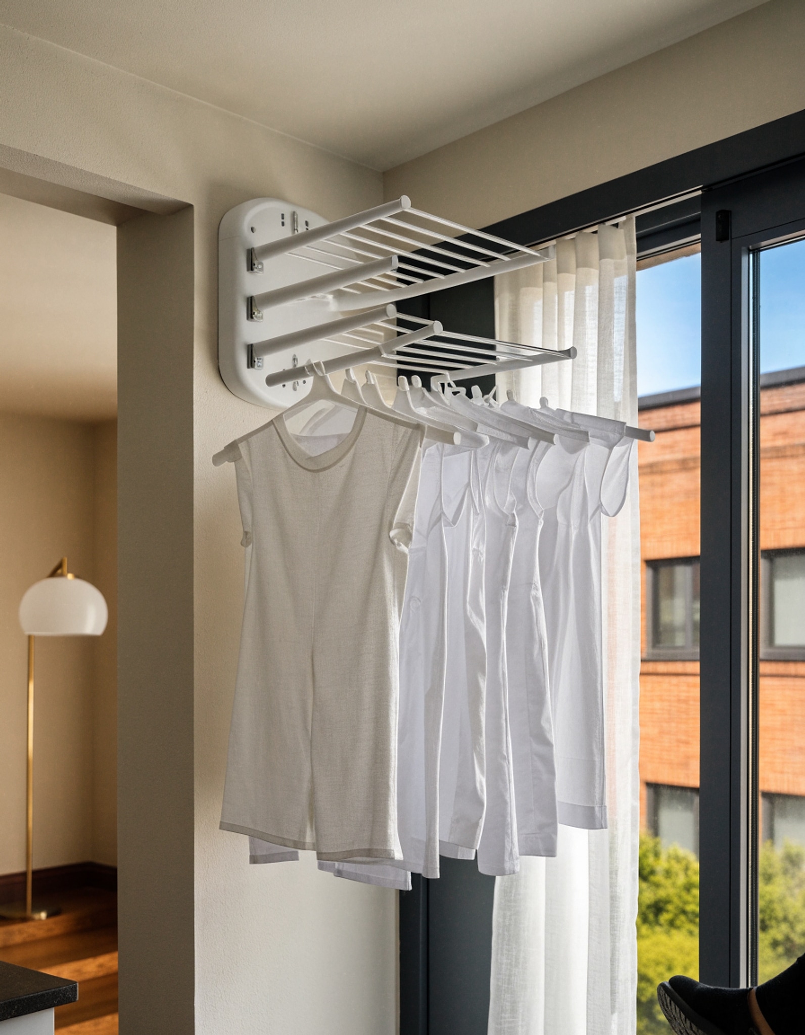 Illustrative visual for Wall Mounted Drying Rack 32" – Foldable Clothes Drying Rack Wall Mounted, Laundry Rack Wall Mounted, Retractable Clothes Rack for Laundry Room, Indoor & Outdoor Space Saver, 5 Rods, White