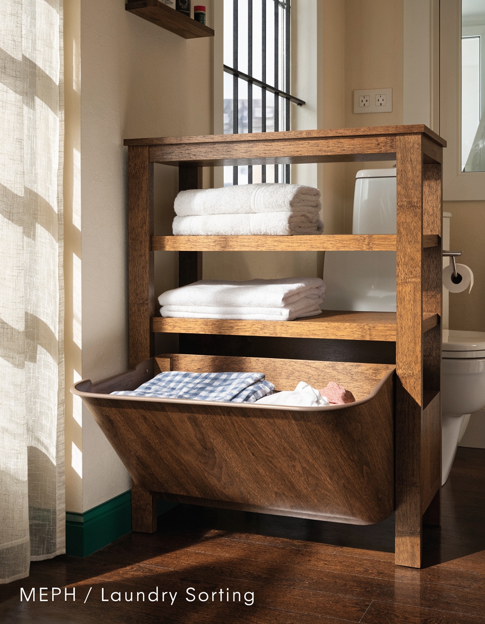 Illustrative visual for HITNET Bamboo Tilt Out Laundry Hamper, Bathroom Storage Cabinet with Hidden Removable Basket and 3 Open Shelves, Space Saving Bamboo Storage for Clothes, Towels and Toys, Walnut