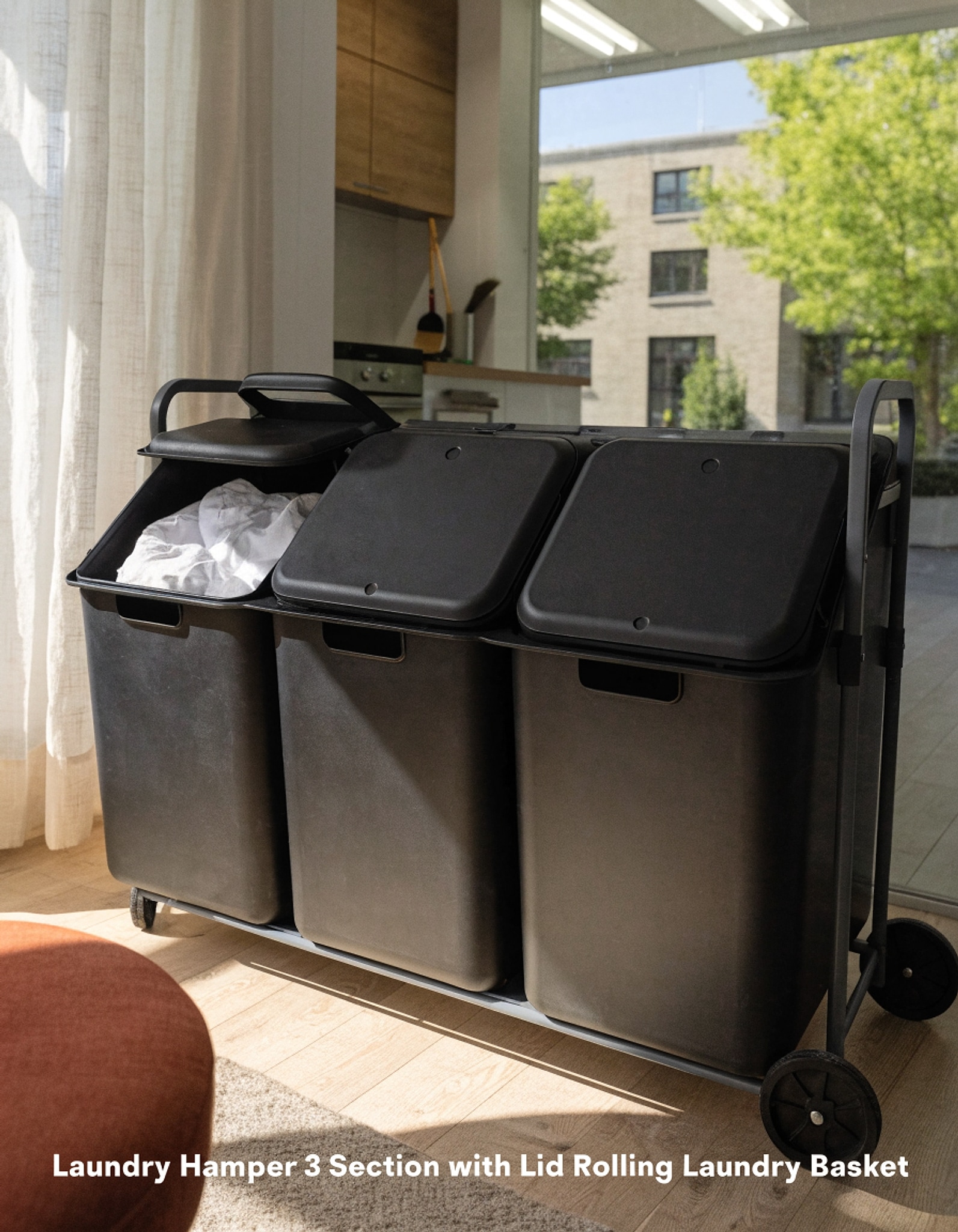 Illustrative visual for STORAGE MANIAC Laundry Hamper 3 Section with Lid Rolling Laundry Basket