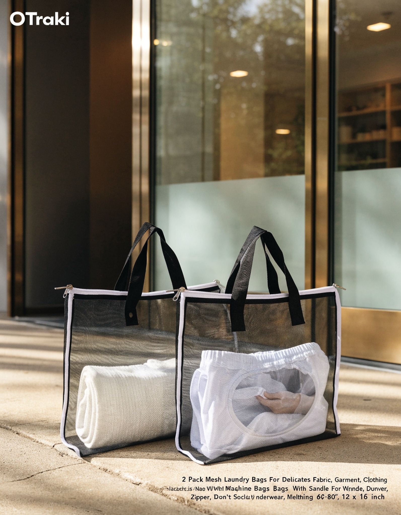 Illustrative visual for OTraki 2 Pack Mesh Laundry Bags for Delicates Fabric, Garment Clothing Wash Bags, Machine Bags with Handle and Zipper for Socks, Underwear Don't Drying, Melting 60-80℃ 12 x 16 inch