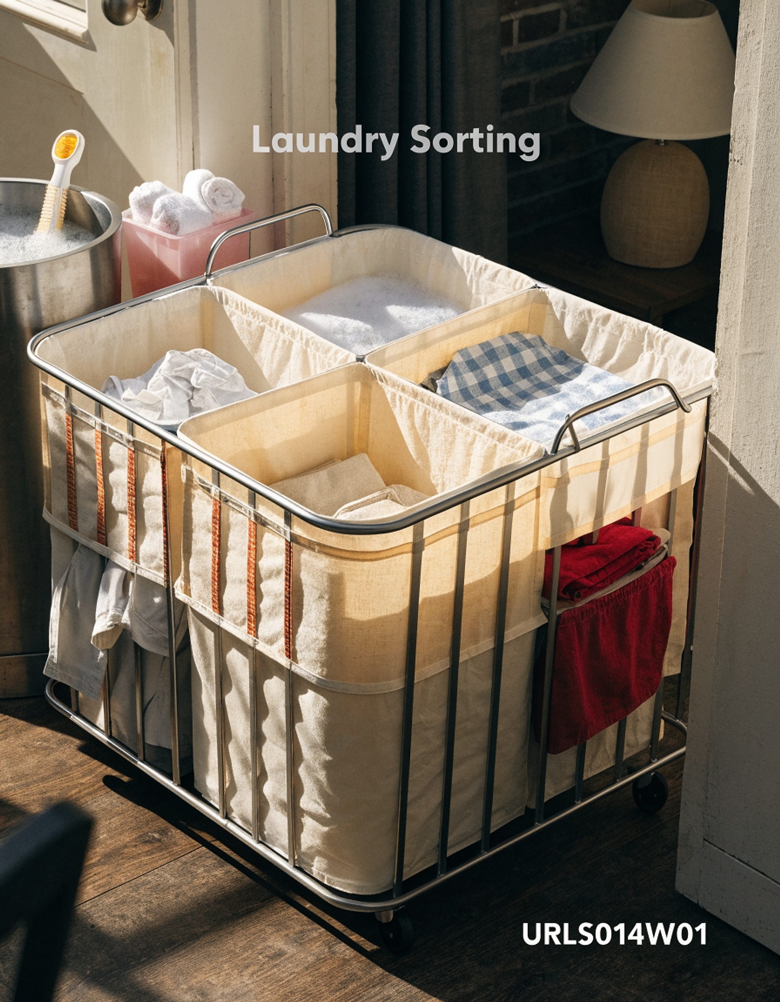 Illustrative visual for SONGMICS Laundry Basket with Wheels, 4-Section Rolling Laundry Hamper, 68.6 Gallons (260 L), Removable Liner, Steel Frame with Handle, 110 x 39 x 81 cm, Cream White URLS014W01