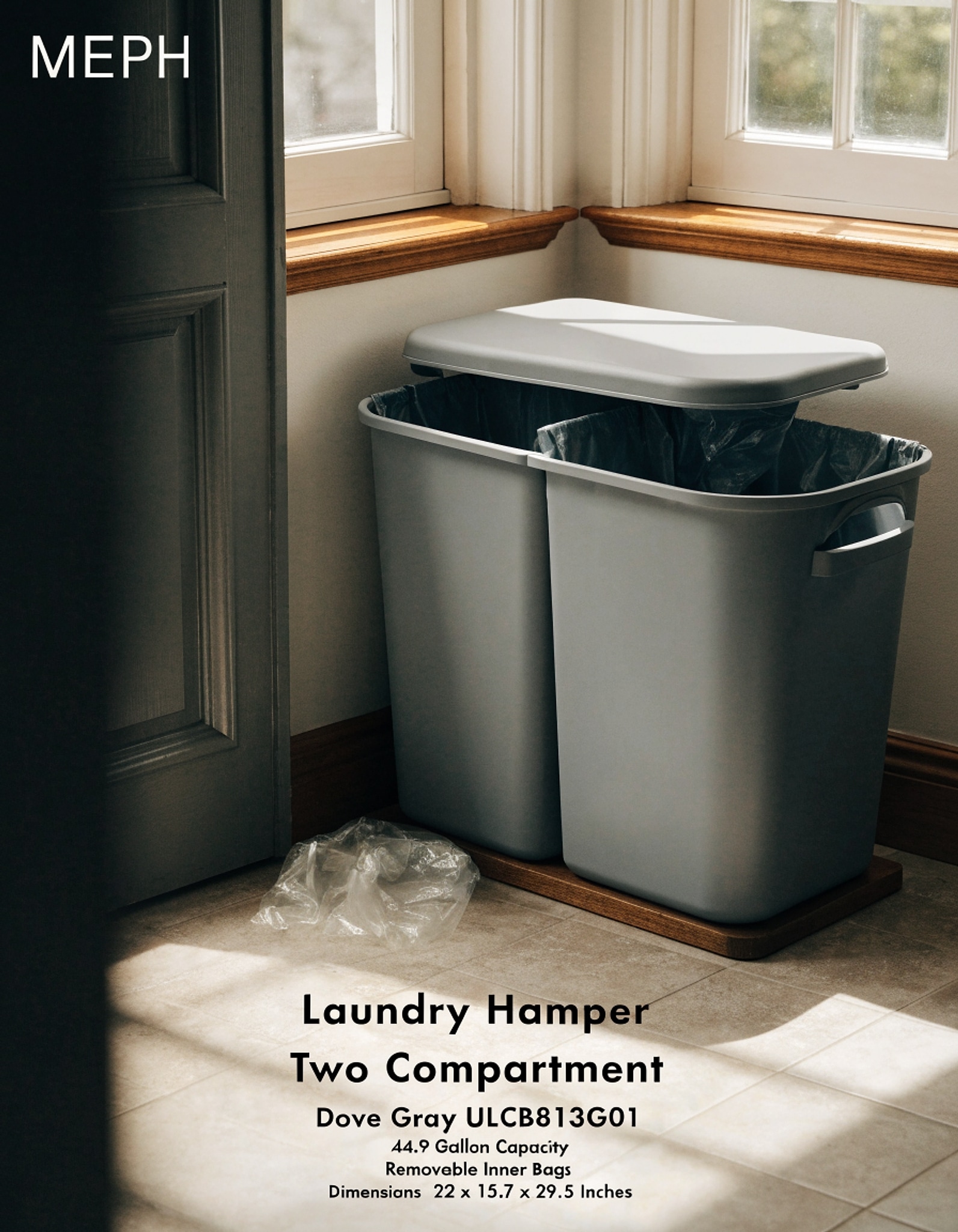 Illustrative visual for SONGMICS Laundry Basket, 44.9 Gal. Laundry Hamper, 2 Compartments, Easy Assembly, with Lid and Handles, Removable Inner Bags, 22 x 15.7 x 29.5 Inches, Dove Gray ULCB813G01
